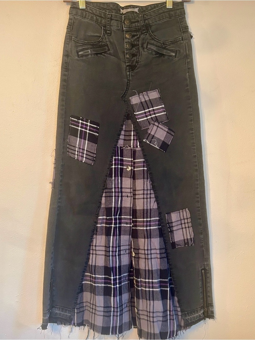 Upcycled free people denim jean and plaid flannel button down maxi skirt